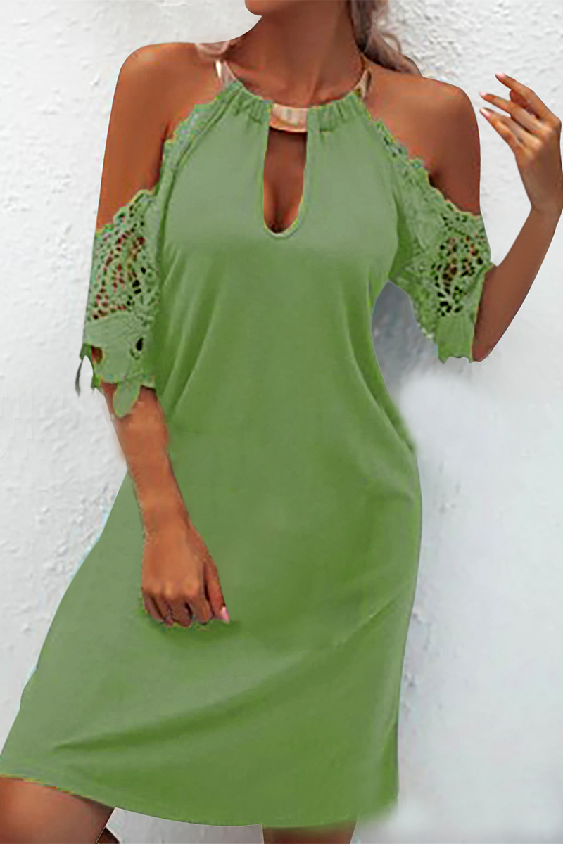 Cold Shoulder Lace Sleeve Metal Collar Keyhole Shift Mini Dress
