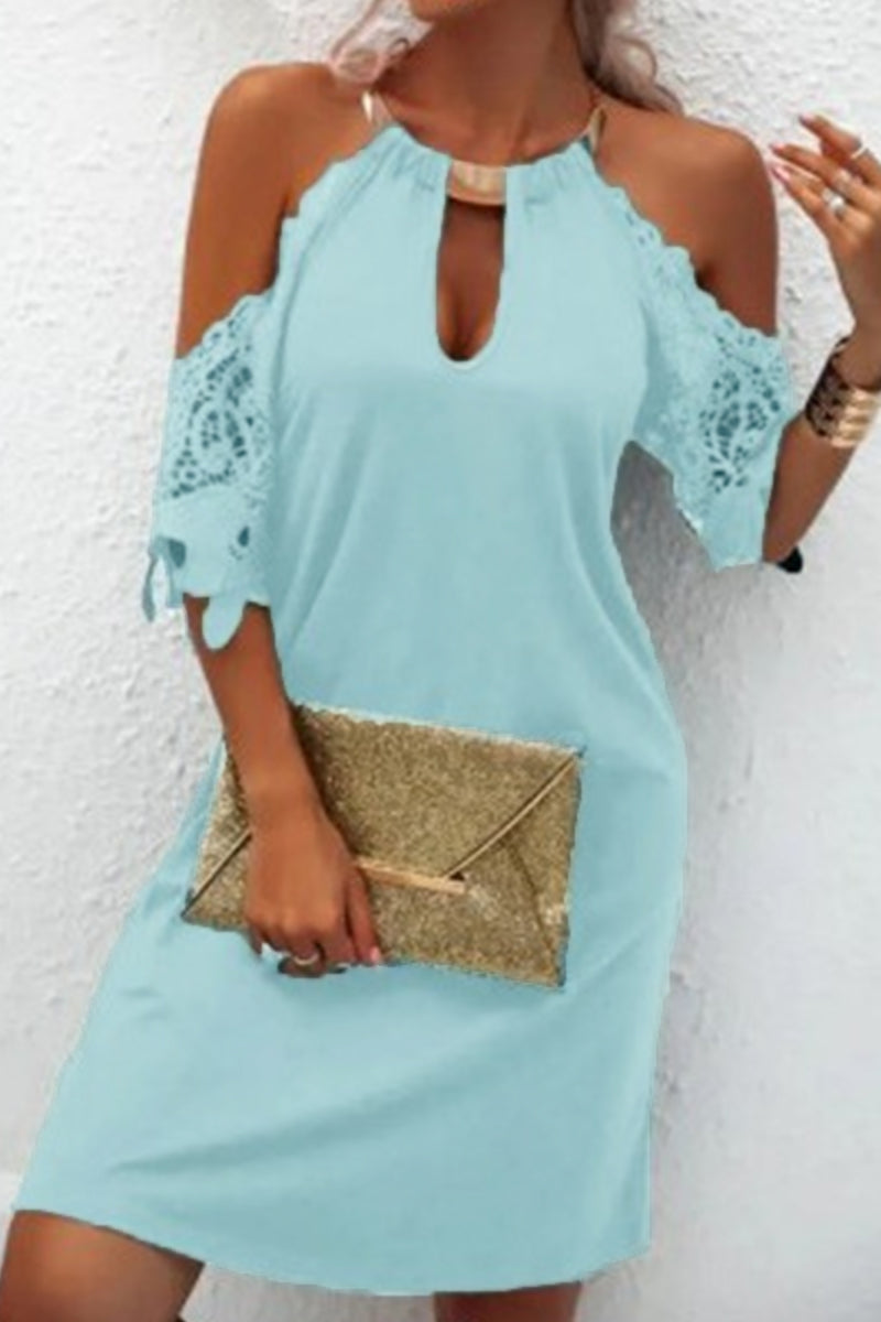 Cold Shoulder Lace Sleeve Metal Collar Keyhole Shift Mini Dress - View 2