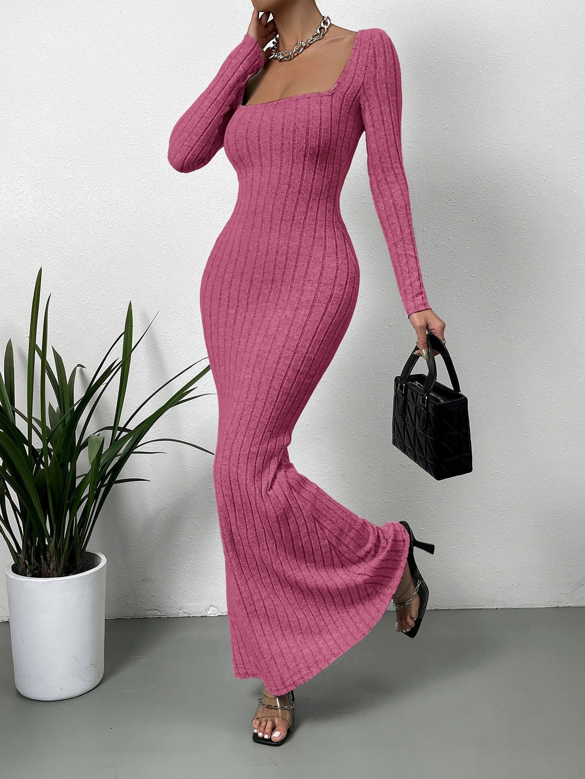 Square Neck Long Sleeve Ribbed Knit Fishtail Maxi Dress 5