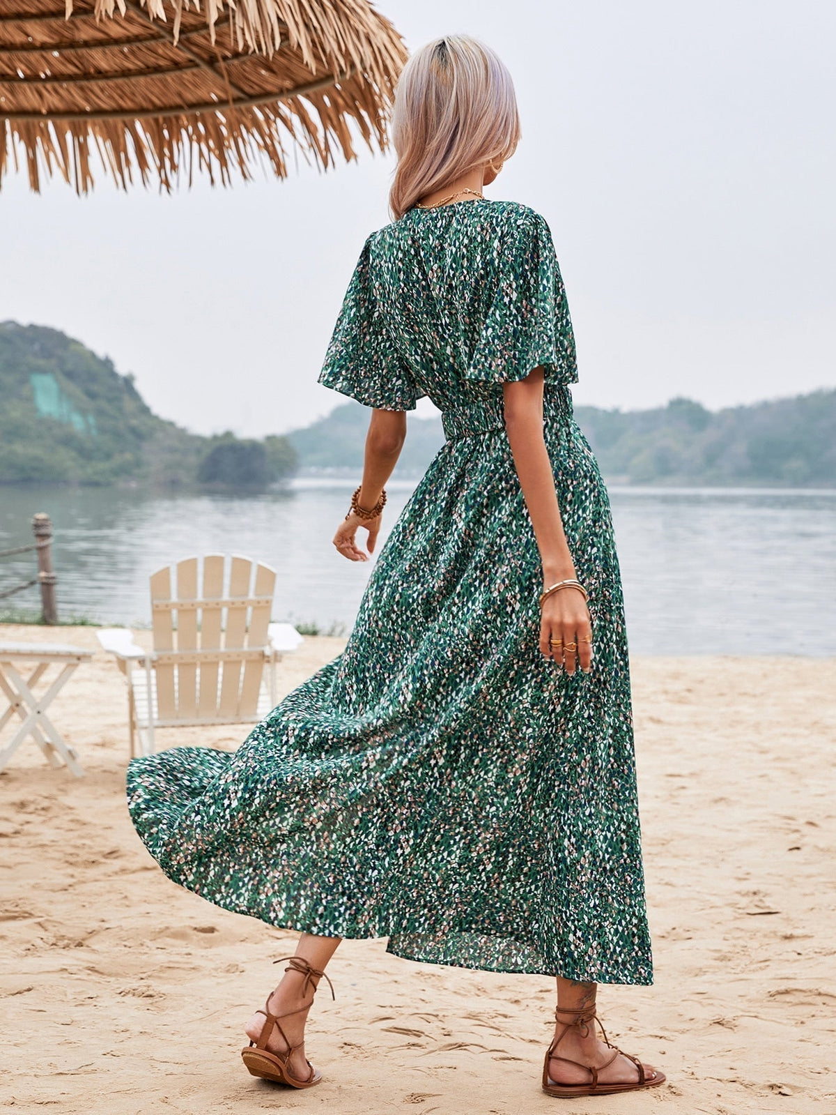 Leopard Print Wrap Flutter Sleeve Belted High Split Maxi Dress - View 21