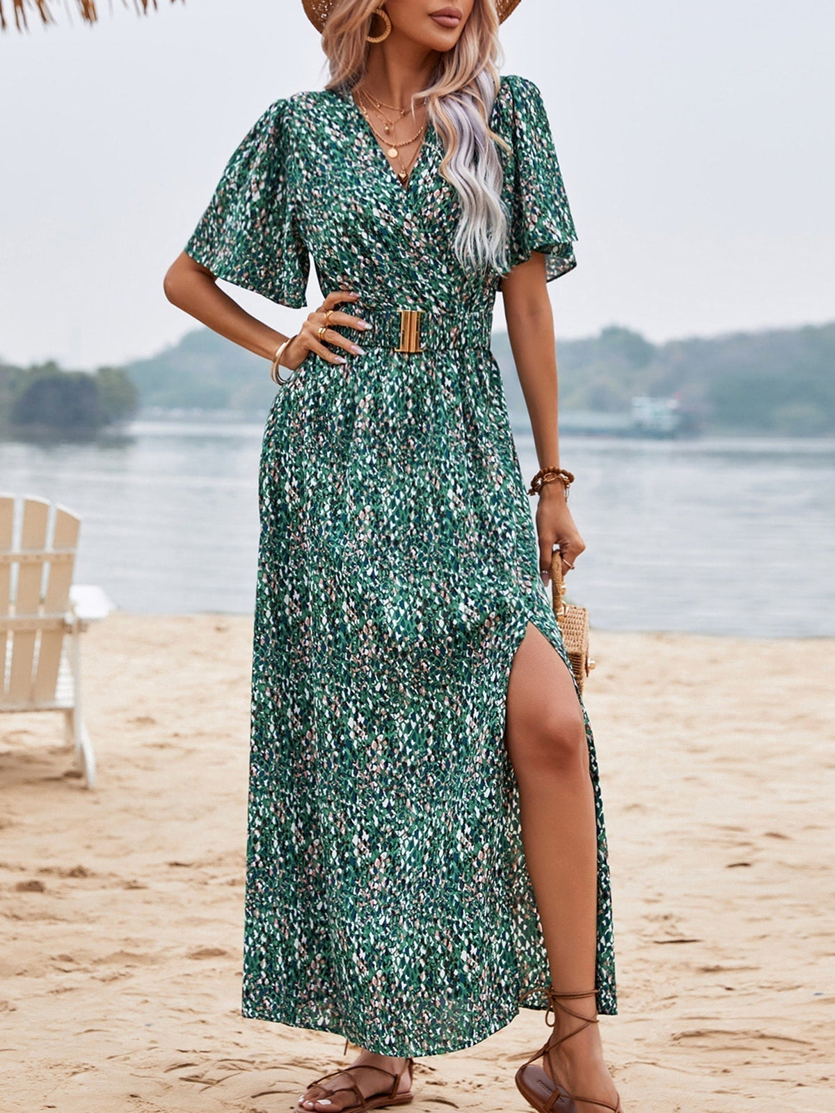 Leopard Print Wrap Flutter Sleeve Belted High Split Maxi Dress - View 24