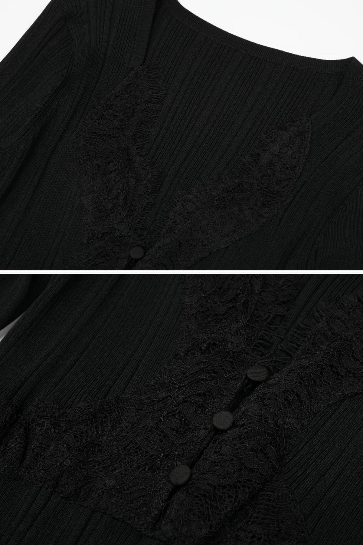 Ribbed Long Sleeve Midi Dress With Lace-Trim V-Neckline - Black - View 8