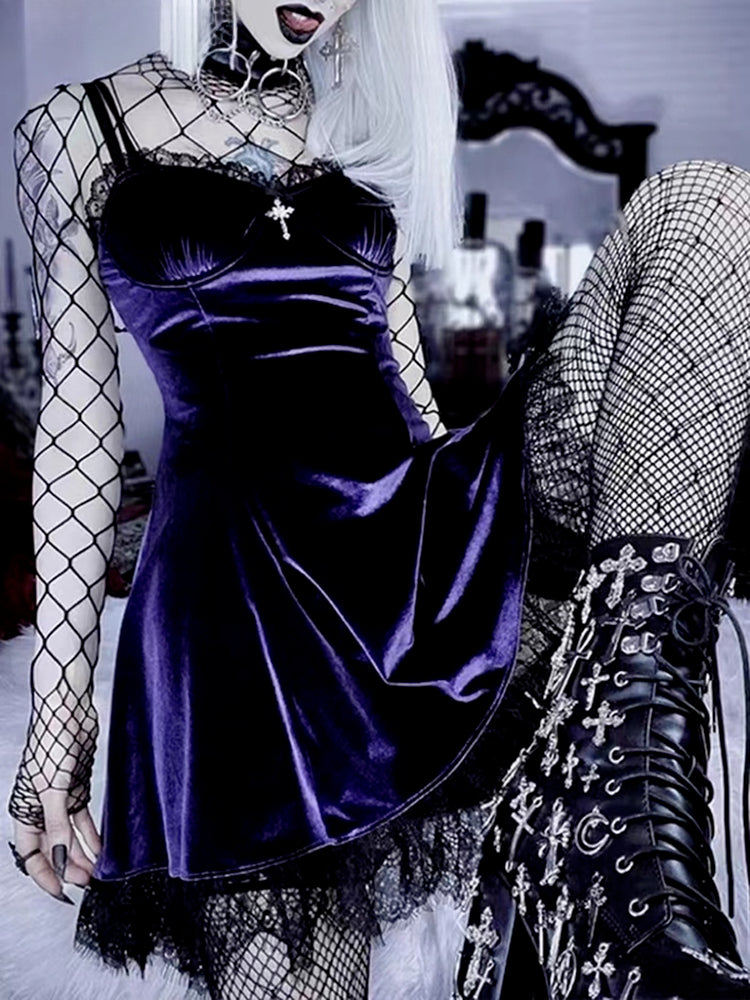 Velvet Gothic Black Vintage Spaghetti Strap Party Dress