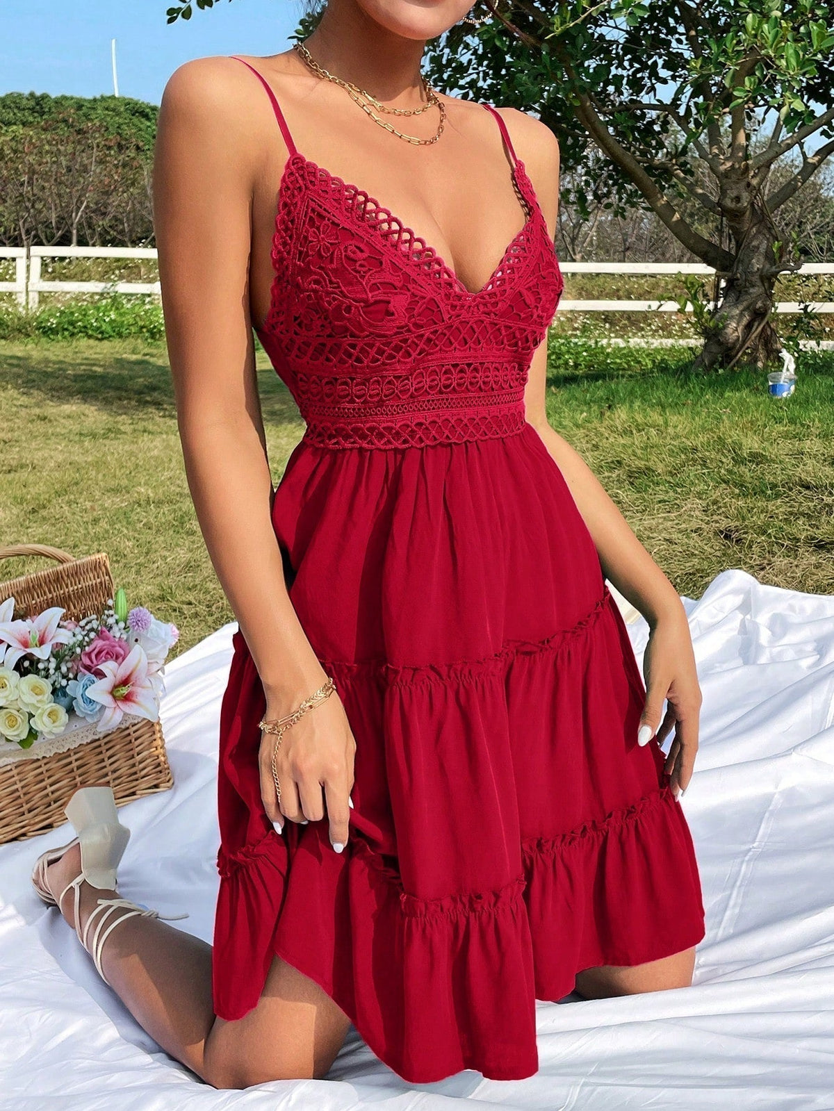 V-Neck Spaghetti Strap Lace Bodice Tiered Ruffle Mini Dress 10