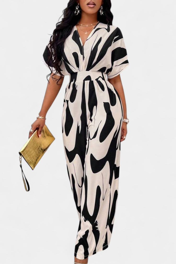 Abstract Print Collared Short Sleeve Wide Leg Jumpsuit 3