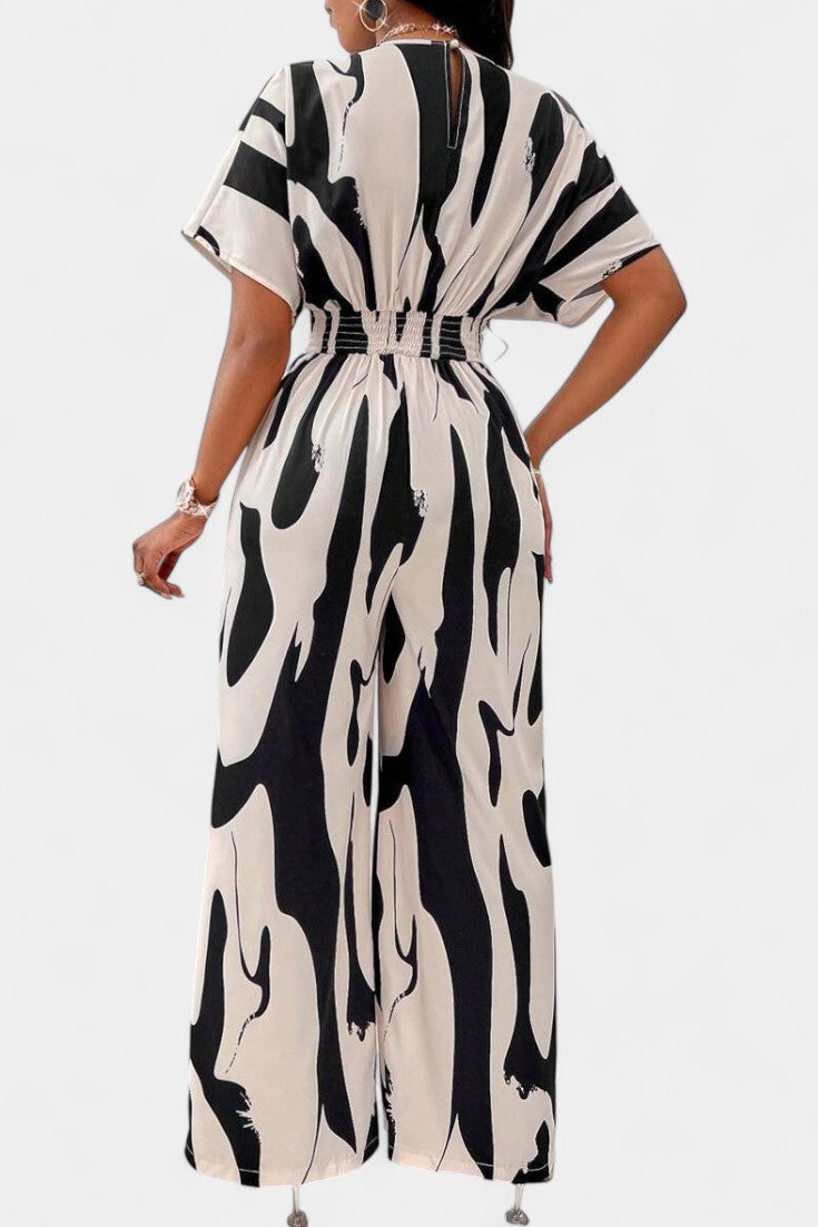Abstract Print Collared Short Sleeve Wide Leg Jumpsuit 2