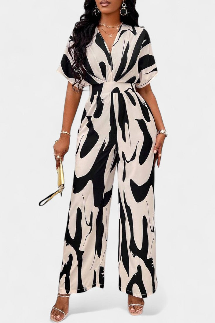 Abstract Print Collared Short Sleeve Wide Leg Jumpsuit