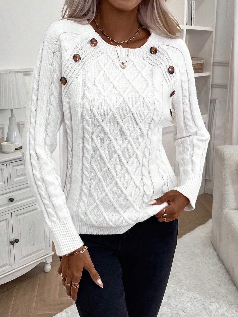 Crew Neck Button Detail Cable Knit Sweater 2