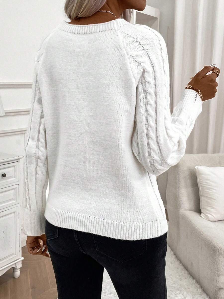 Crew Neck Button Detail Cable Knit Sweater 10