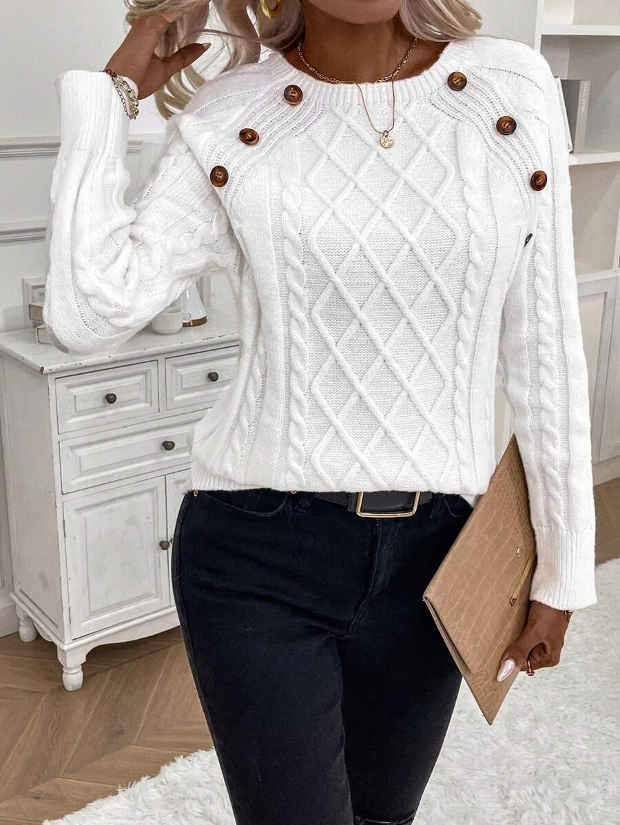 Crew Neck Button Detail Cable Knit Sweater 11