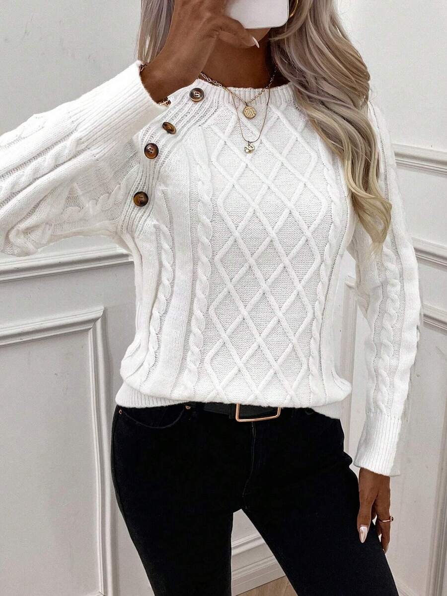 Crew Neck Button Detail Cable Knit Sweater 12