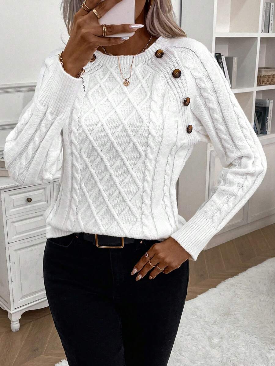 Crew Neck Button Detail Cable Knit Sweater 13