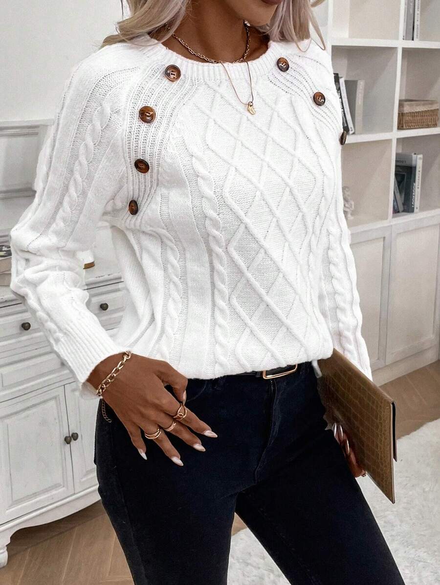 Crew Neck Button Detail Cable Knit Sweater 14