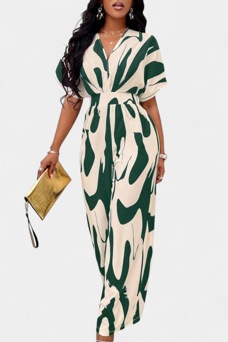Abstract Print Collared Short Sleeve Wide Leg Jumpsuit 9