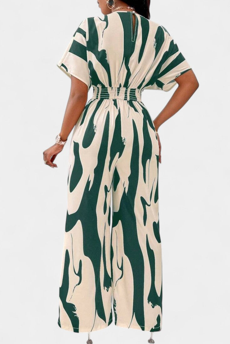 Abstract Print Collared Short Sleeve Wide Leg Jumpsuit 8