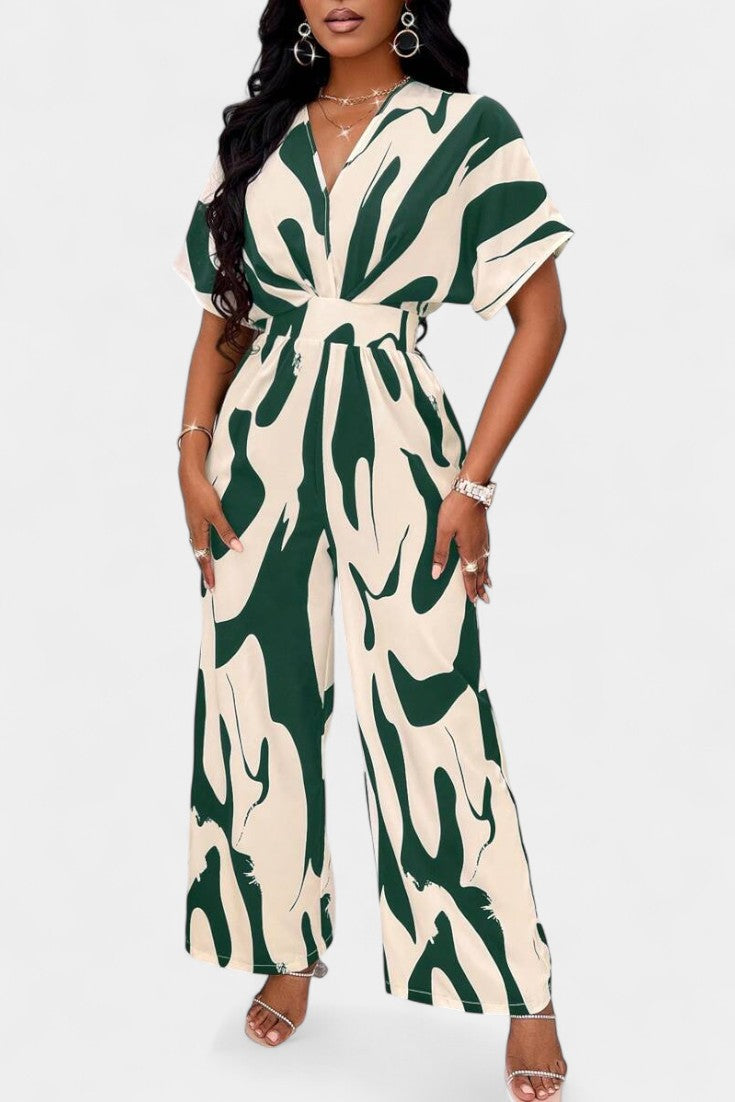 Abstract Print Collared Short Sleeve Wide Leg Jumpsuit 7
