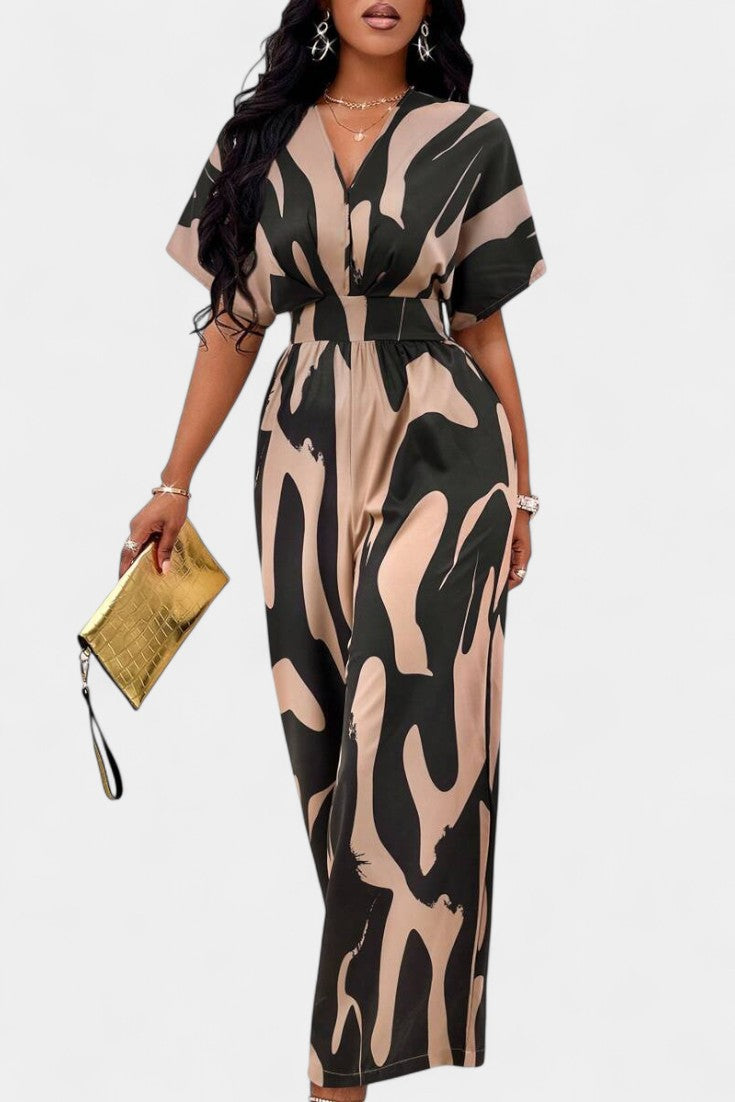 Abstract Print Collared Short Sleeve Wide Leg Jumpsuit 6
