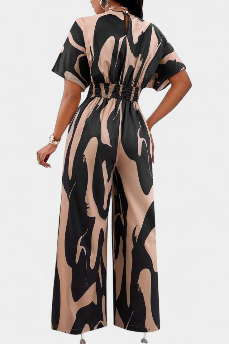 Abstract Print Collared Short Sleeve Wide Leg Jumpsuit 5