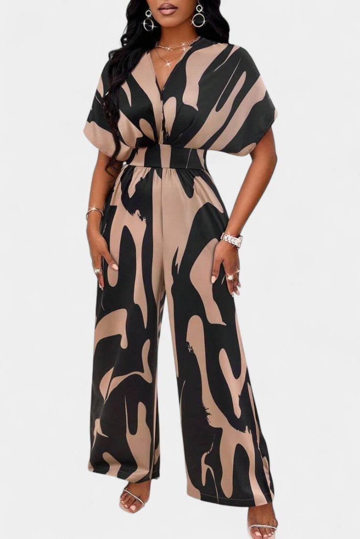Abstract Print Collared Short Sleeve Wide Leg Jumpsuit 4