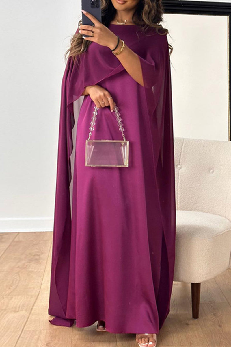 Chiffon Boat Neck Cape Sleeve Overlay Column Maxi Gown - View 4