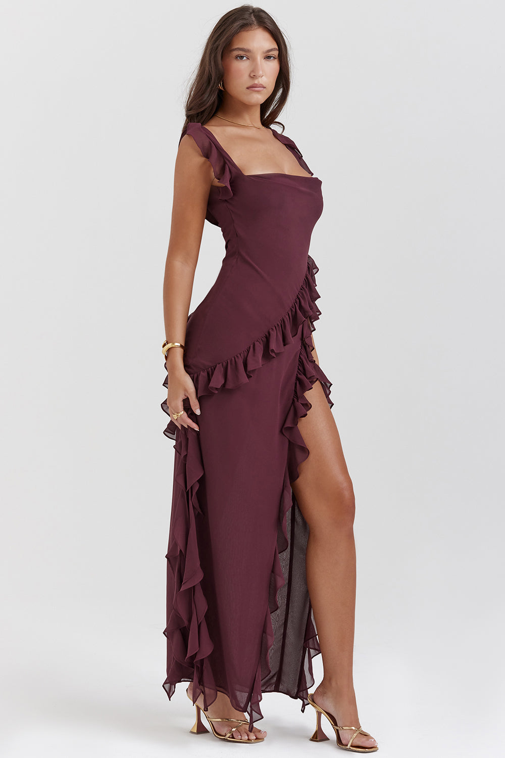 Ruffle Tie Strap High Split Maxi Dress 3