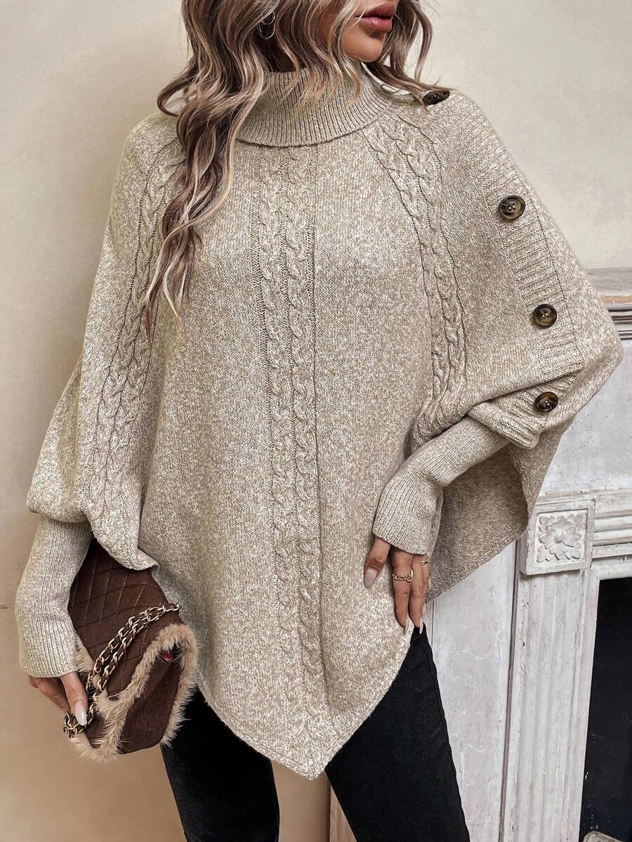 High Neck Cable Knit Button Detail Batwing Poncho Sweater