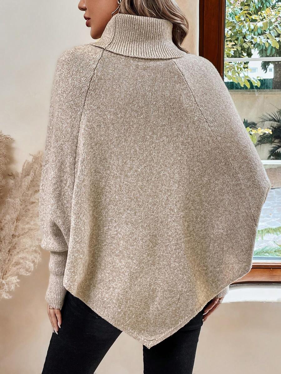 High Neck Cable Knit Button Detail Batwing Poncho Sweater 2