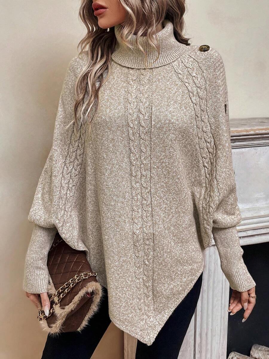 High Neck Cable Knit Button Detail Batwing Poncho Sweater 3