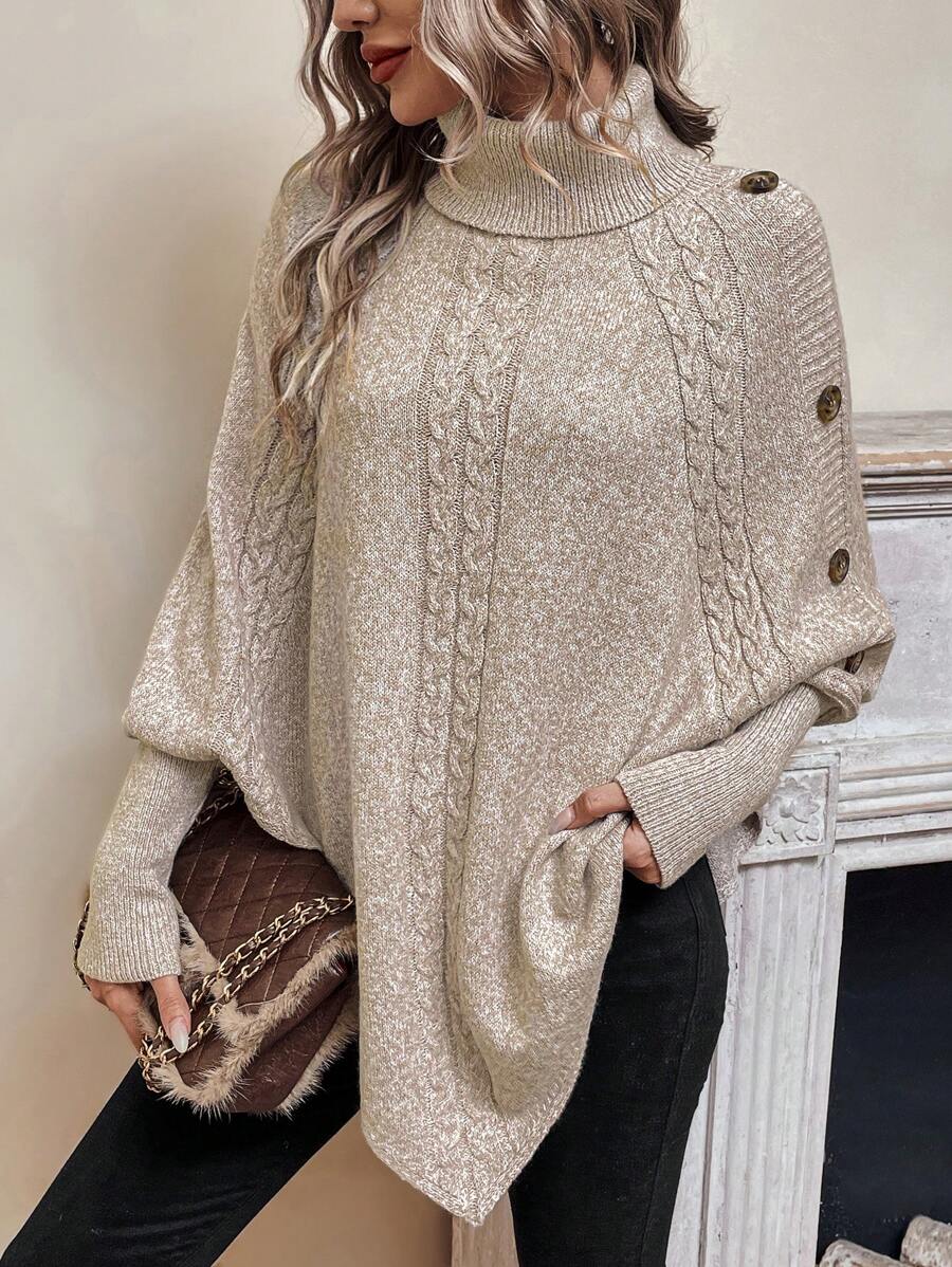 High Neck Cable Knit Button Detail Batwing Poncho Sweater 4