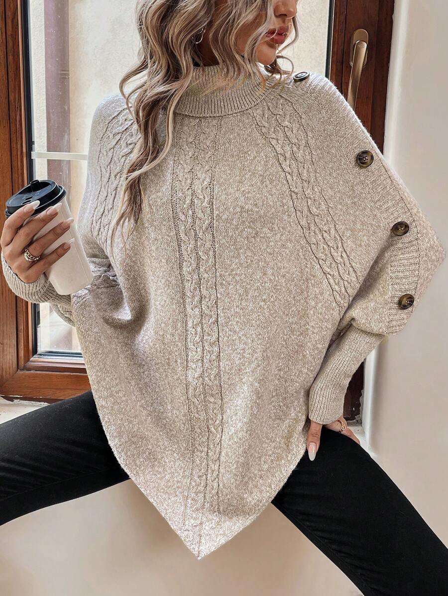 High Neck Cable Knit Button Detail Batwing Poncho Sweater 5
