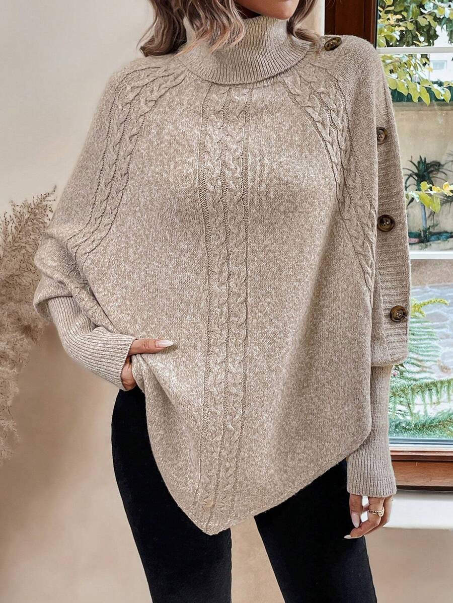 High Neck Cable Knit Button Detail Batwing Poncho Sweater 6