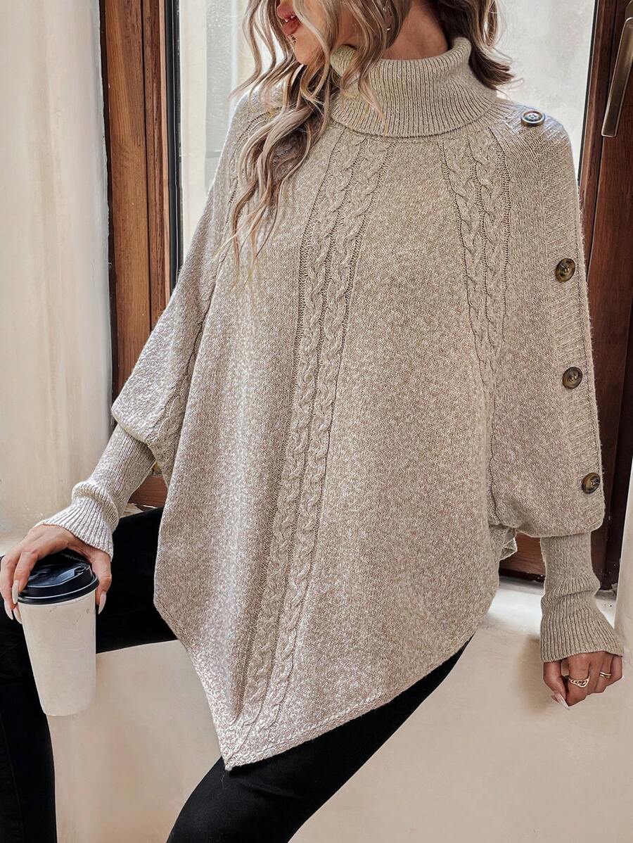 High Neck Cable Knit Button Detail Batwing Poncho Sweater 7