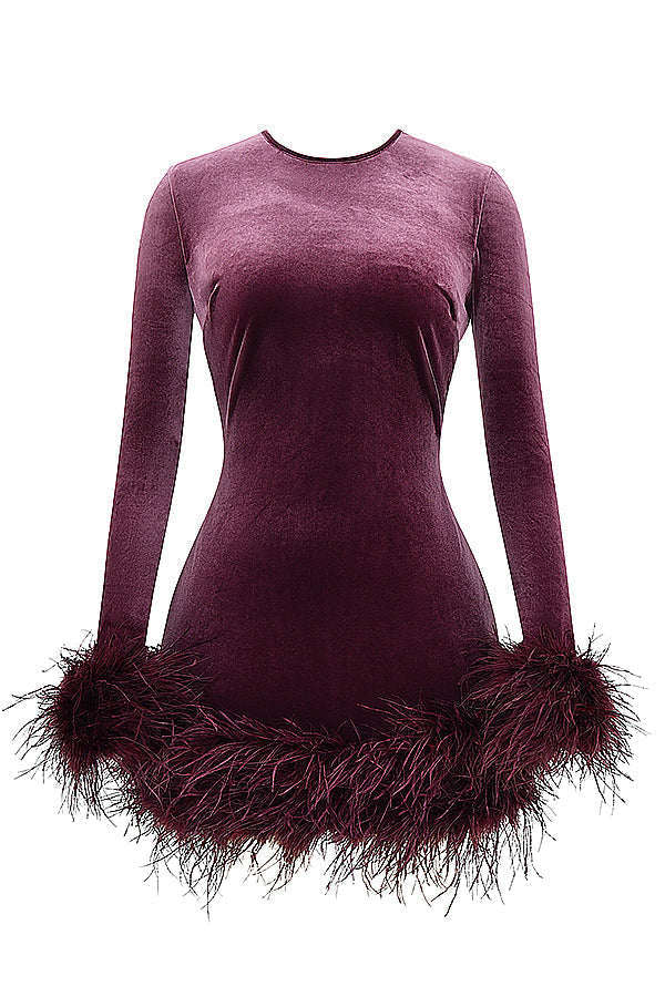 Velvet Crew Neck Long Sleeve Feather Trim Bodycon Mini Dress 11