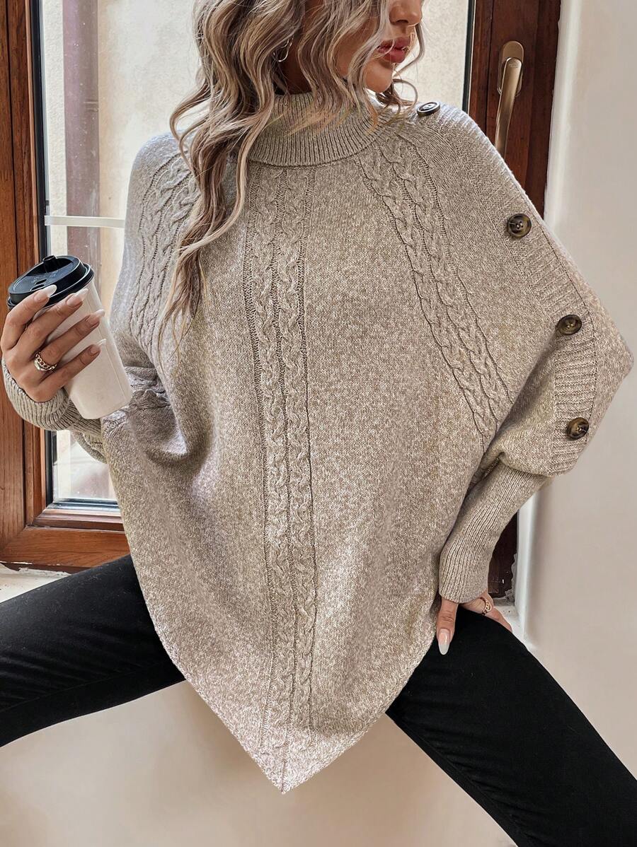 High Neck Cable Knit Button Detail Batwing Poncho Sweater 8