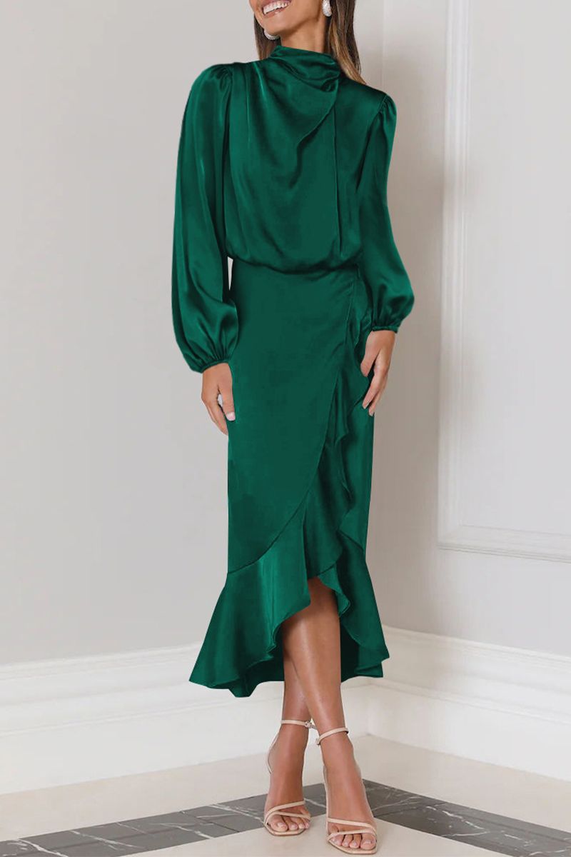 Satin High Neck Long Sleeve Ruffle Wrap Midi Dress - View 4
