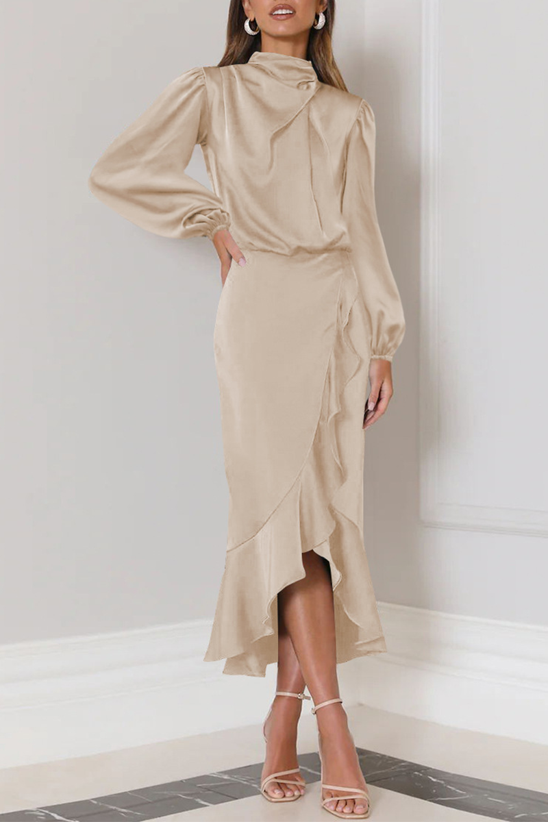 Satin High Neck Long Sleeve Ruffle Wrap Midi Dress - View 2