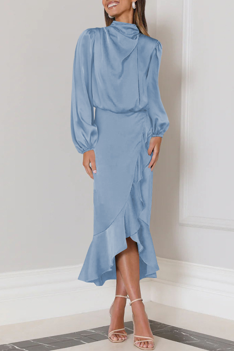 Satin High Neck Long Sleeve Ruffle Wrap Midi Dress - View 5