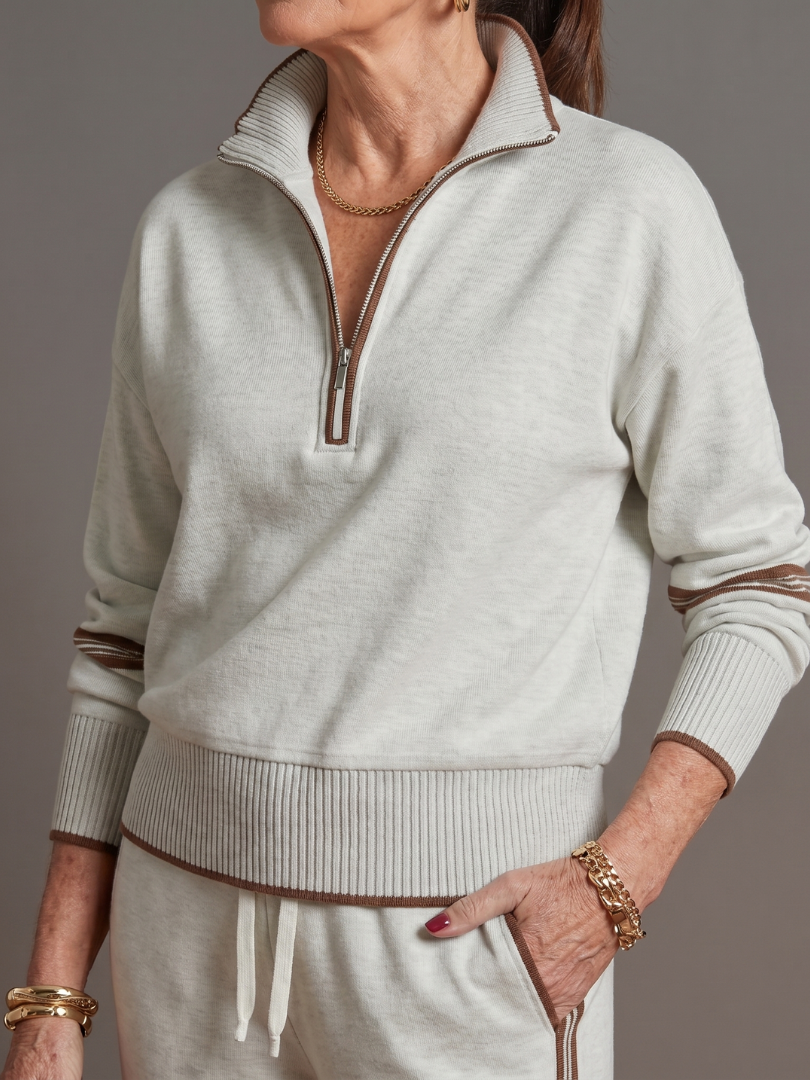 Quarter Zip Sweatshirt and Side Stripe Wide Leg Pants Two Piece Set 12
