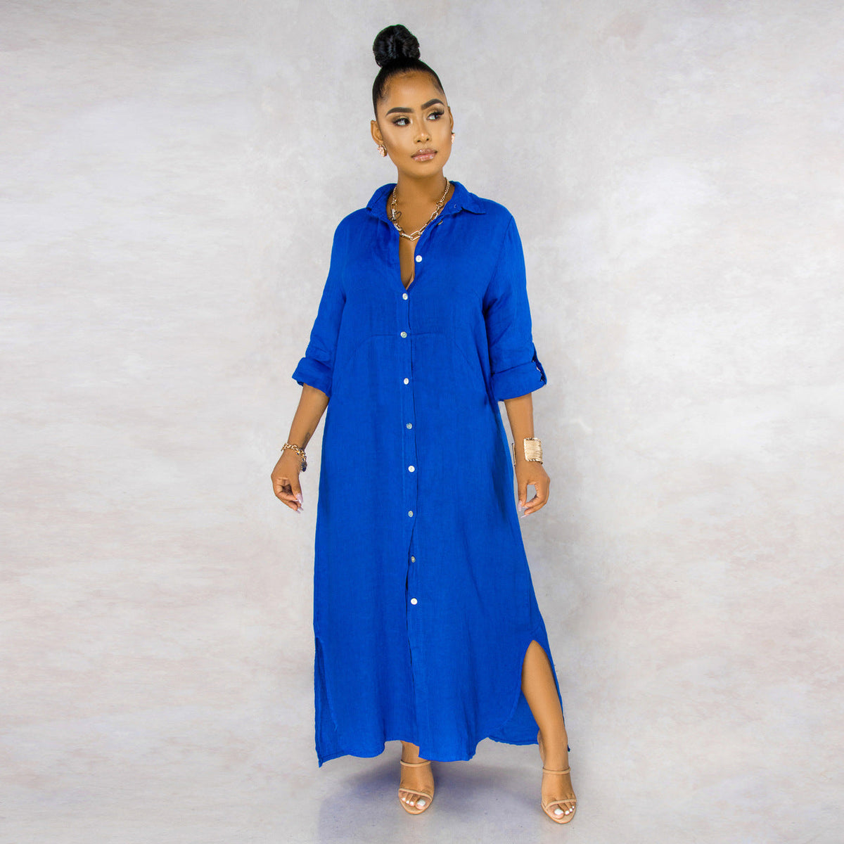 Button Down Collared Roll Tab Sleeve Box Pleat Maxi Shirt Dress - View 10
