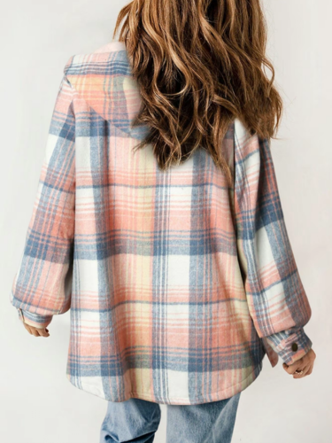 Plaid Sherpa Lined Button Front Hooded Shacket 7