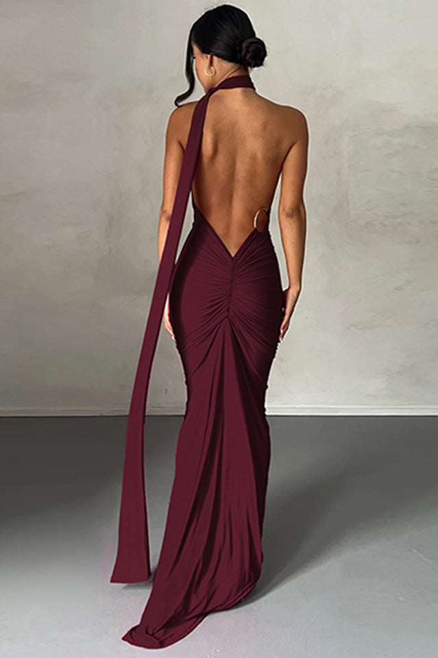 One Shoulder Ruched Open Back Trailing Sash Floor Length Gown - View 22