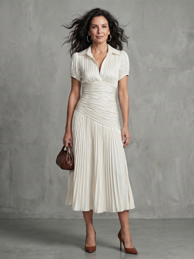 Striped Collared Short Sleeve Ruched Pleated Midi Dress 12