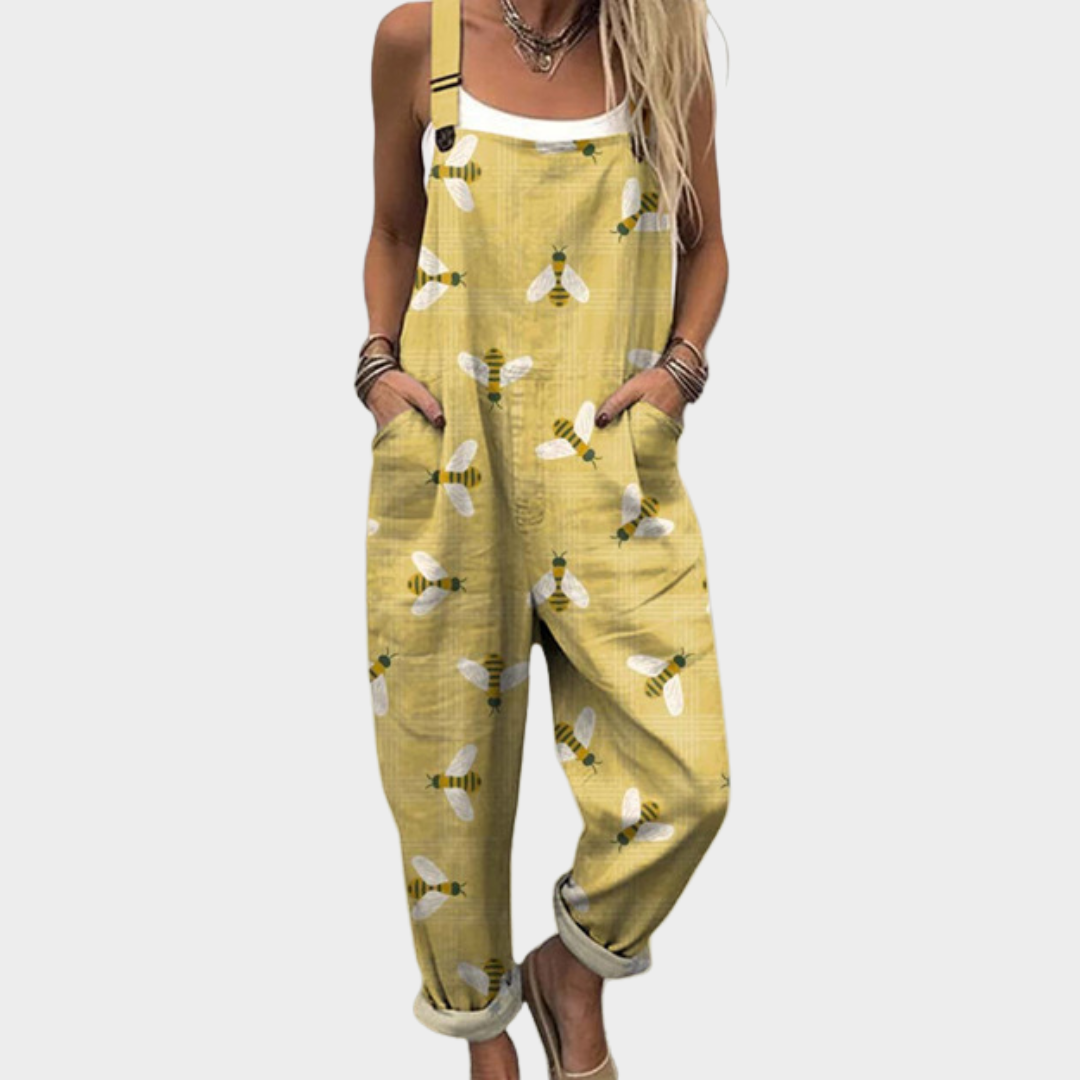 Bee Print Sleeveless Pocket Cuffed Overall Jumpsuit