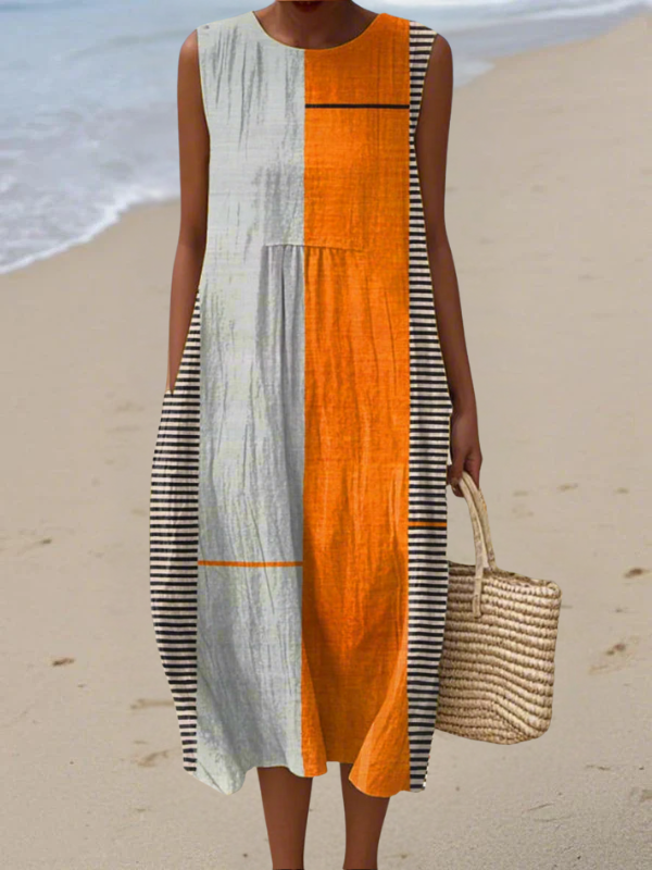 Colorblock Striped Sleeveless Crew Neck Midi Dress