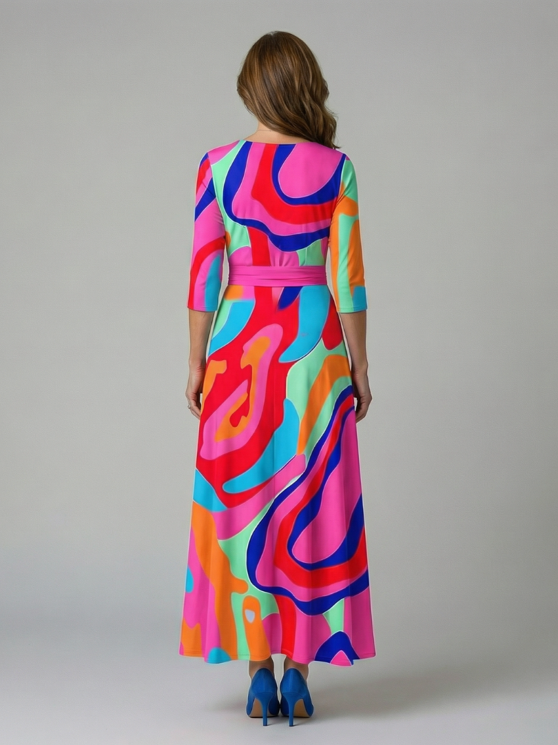 Floral V-Neck Wrap Three Quarter Sleeve Satin Maxi Dress 12