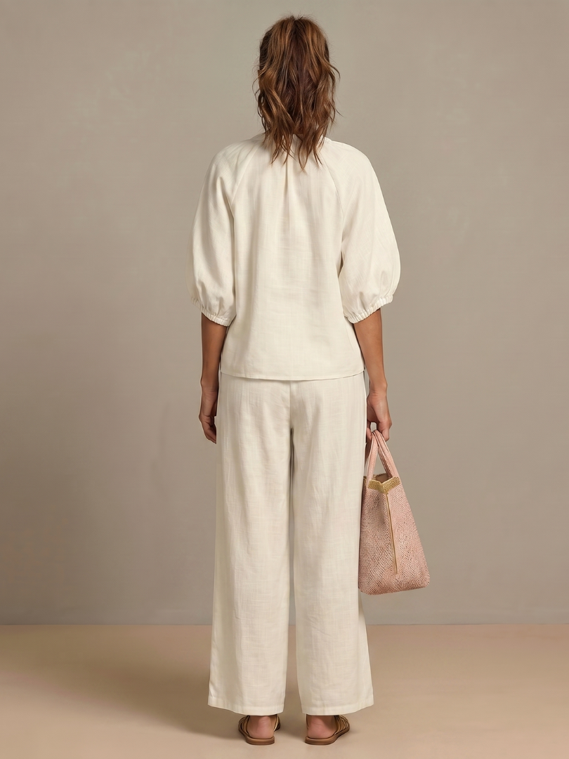 Puff Sleeve Zip Front Top and Wide Leg Pants Two Piece Set 12