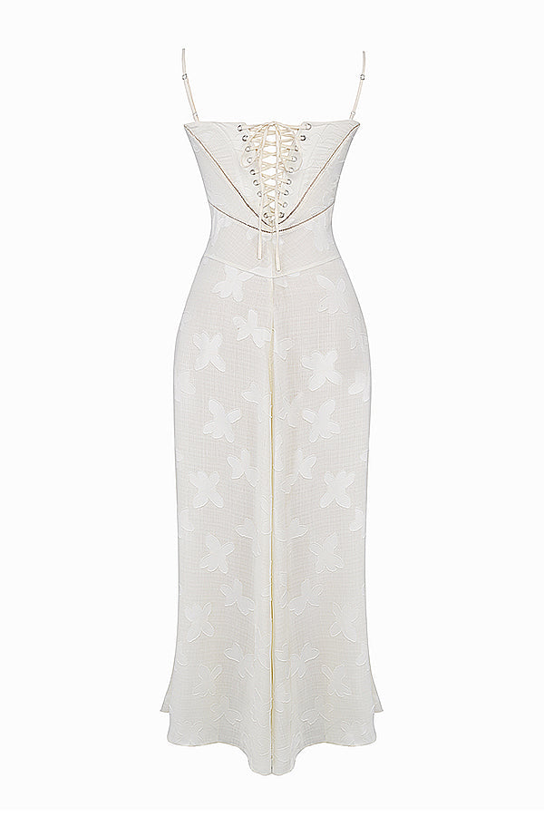 Floral Lace Spaghetti Strap Corset Bodice Sheer Mesh Maxi Gown 34