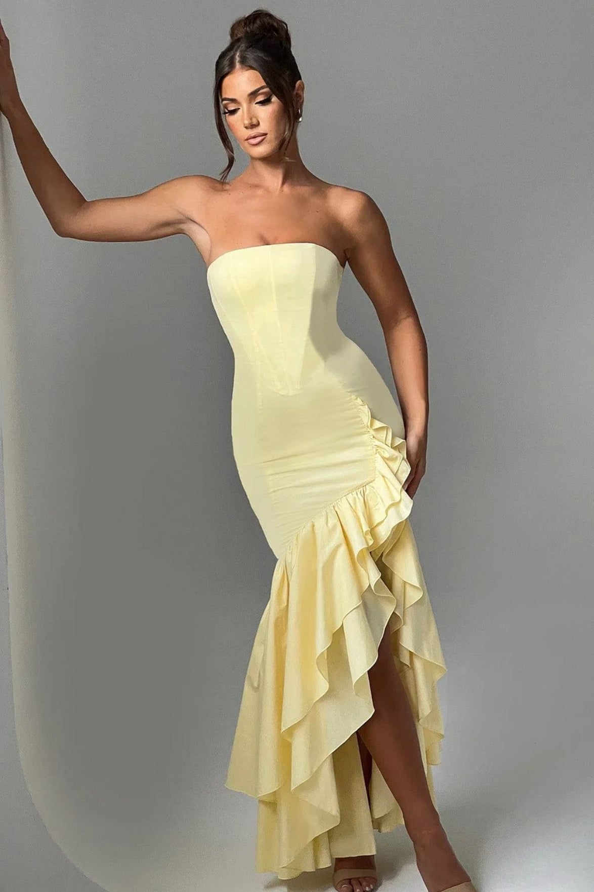 Strapless Ruffle Hem High Low Bodycon Maxi Dress - View 2