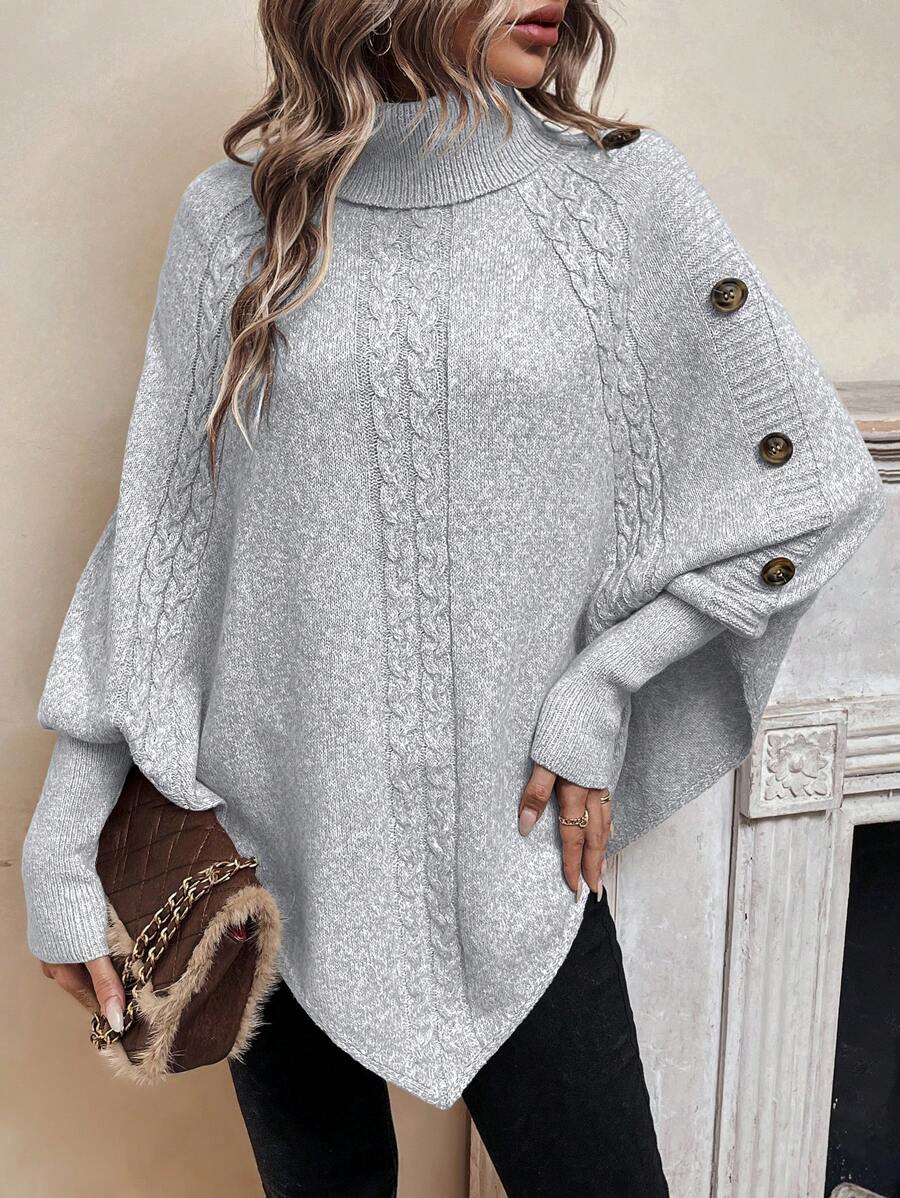 High Neck Cable Knit Button Detail Batwing Poncho Sweater 10