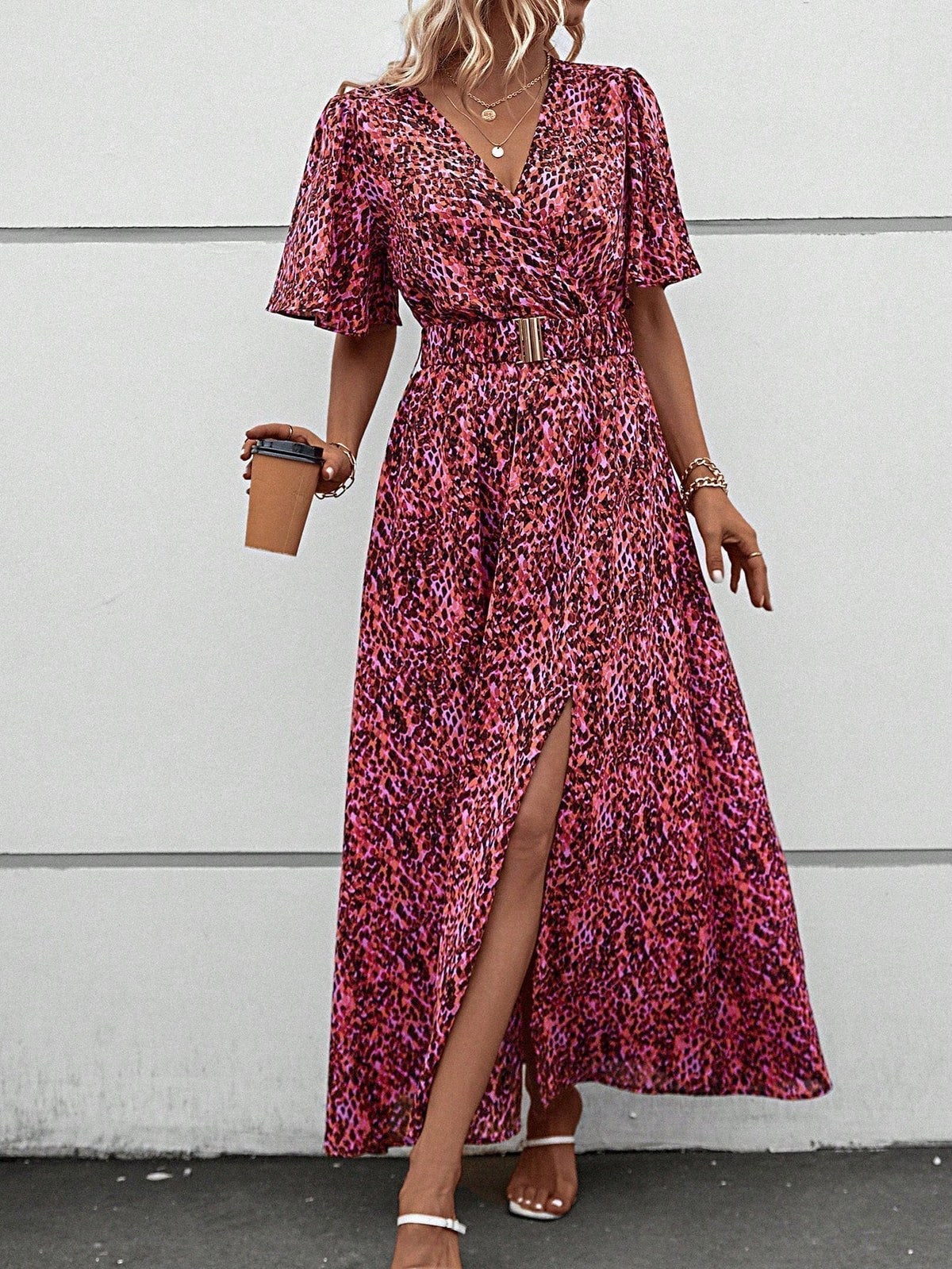 Leopard Print Wrap Flutter Sleeve Belted High Split Maxi Dress - View 11
